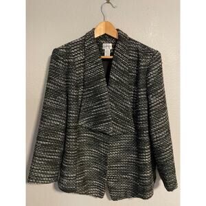Chicos Blazer Jacket Womens 3 Black White Open Front Tweed Lined Draped Collar